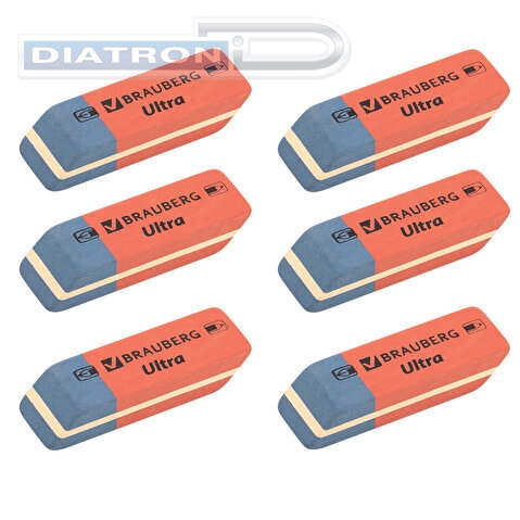 Ластик BRAUBERG Ultra, 41х14х8мм, скошенный, натуральный каучук, красно-синий, 6шт/уп