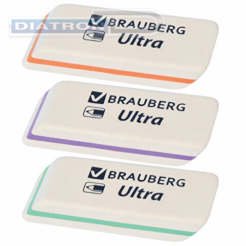 Ластик BRAUBERG Ultra, 50х14х8мм, прямоугольный, натуральный каучук, белый с цветной полосой