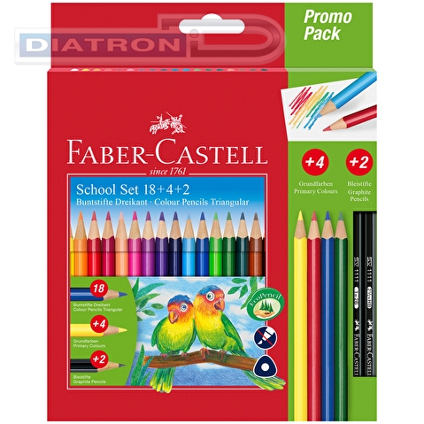 Набор цветных карандашей Faber-Castell, 18цв, корпус трехгранный, 4 цветных + 2 чернографитовых карандаша, в картонной коробке