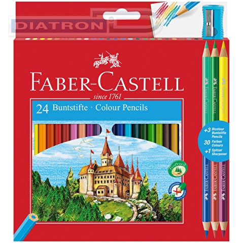 Набор цветных карандашей Faber-Castell, 24цв, корпус шестигранный, 3 цветных карандаша, точилка, в картонной коробке