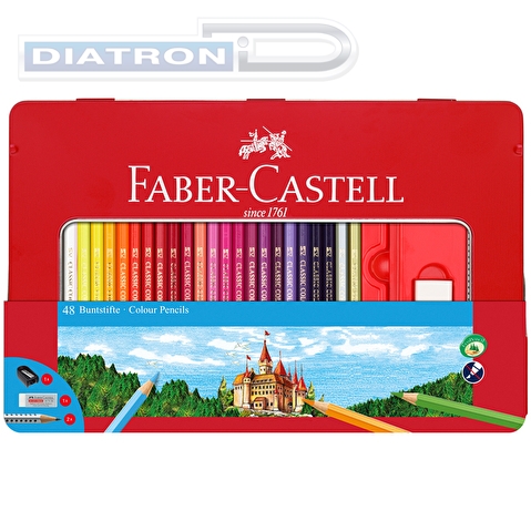 Набор цветных карандашей Faber-Castell, 48цв, корпус шестигранный, 2 чернографитовых карандаша, точилка, ластик, в металлической коробке