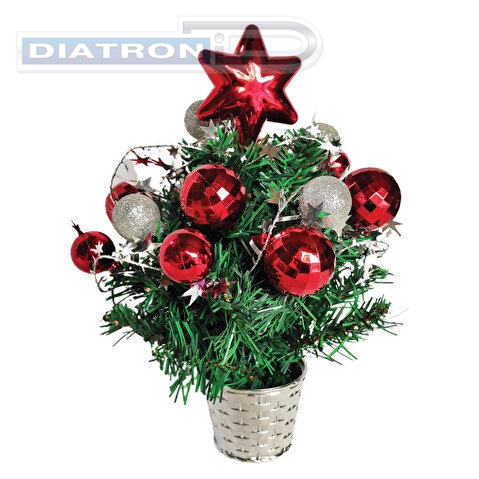 Ель искусственная декоративная, 0,30м, зеленая, украшения красные/серебристые