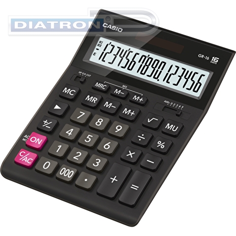 Калькулятор настольный 16 разр. CASIO GR-16W, двойное питание, 155x35x209мм, черный