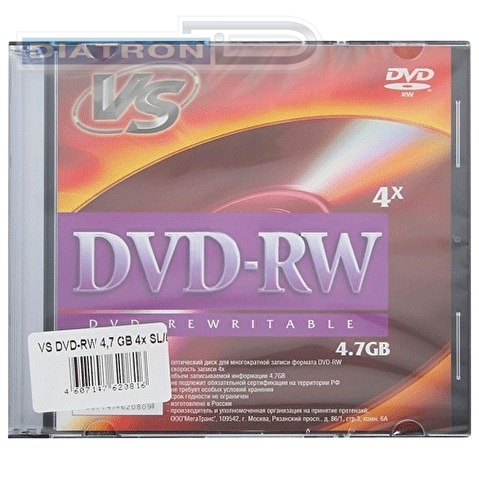 Перезаписываемый DVD-диск DVD-RW VS               4.7ГБ, 4x,  5шт/уп, Slim Case