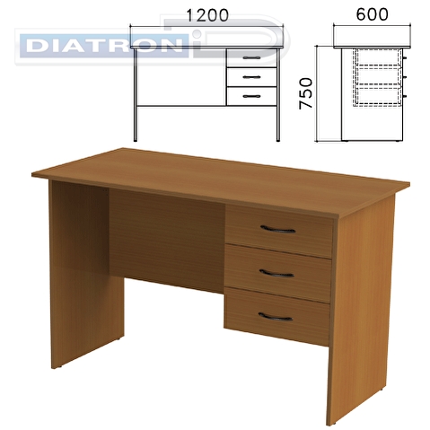 Стол рабочий КАНЦ 1200х600х750мм, тумба 3 ящика, орех