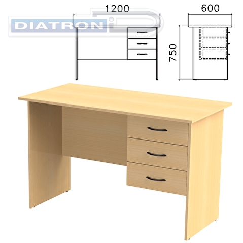 Стол рабочий КАНЦ 1200х600х750мм, тумба 3 ящика, цвет бук