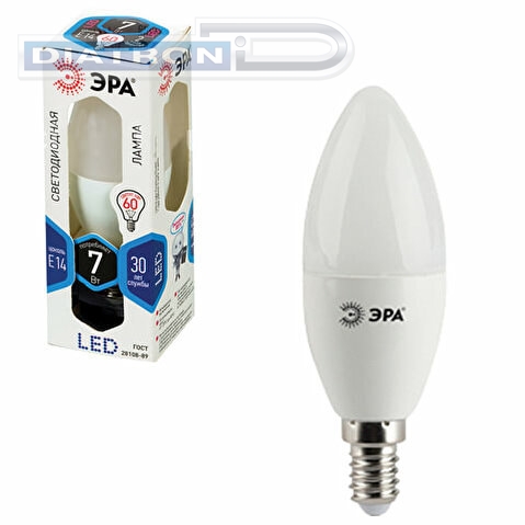 Лампа светодиодная ЭРА, 7Вт, цоколь E14, свеча, матовая, холодный белый свет, 30000ч