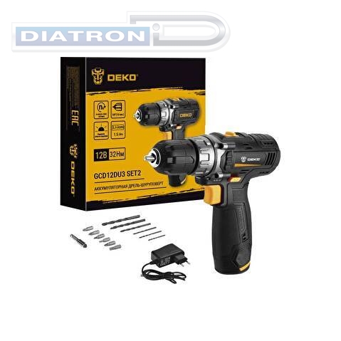 Дрель-шуруповерт аккумуляторная DEKO GCD12DU3 SET2 FU-Li-Ion, 1 АКБ, 12В, 1.5Ач, с набором оснастки 13 предметов (063-4146)