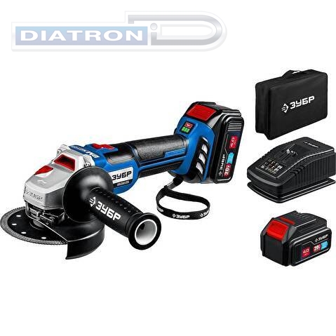 Шлифмашина угловая аккумуляторная ЗУБР AB-125-42, 2 АКБ, 4 Ач, 20 В